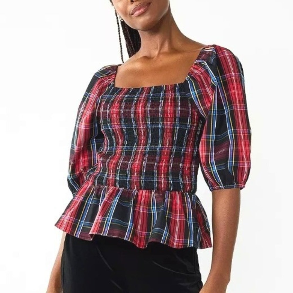 Draper James Red Blue Tartan Plaid Smock Puff Sleeve Ruffle Boho Girlcore Top M